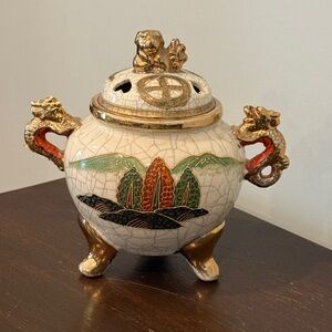 Early 1900s Japanese Satsuma koro incense burner with dragon handles and Foo dog